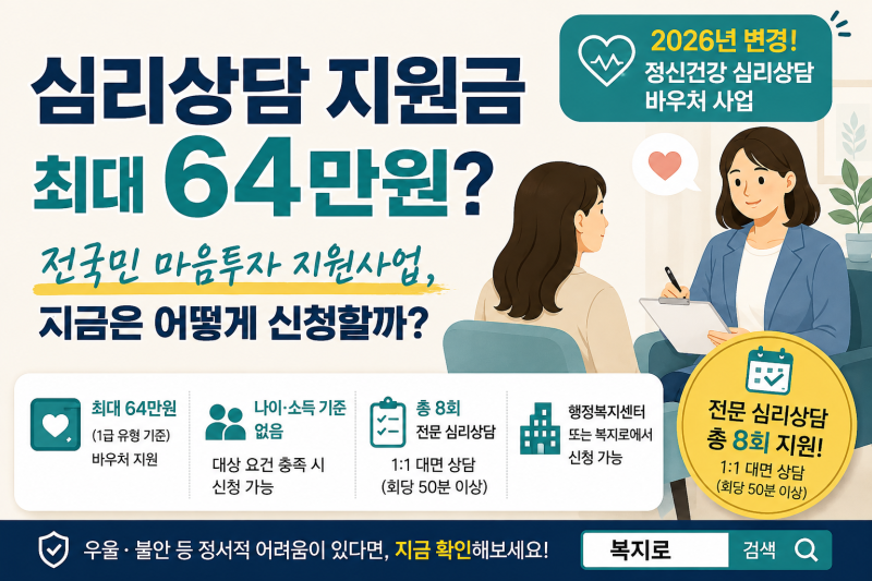 2026 심리상담 지원금 최대 64만원｜전국민 마음투자 지원사업, 지금은 어떻게 신청할까?