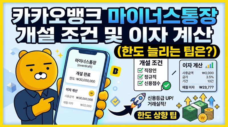 카카오뱅크 마이너스통장 개설 조건 및 이자 계산 (한도 늘리는 팁은?)
