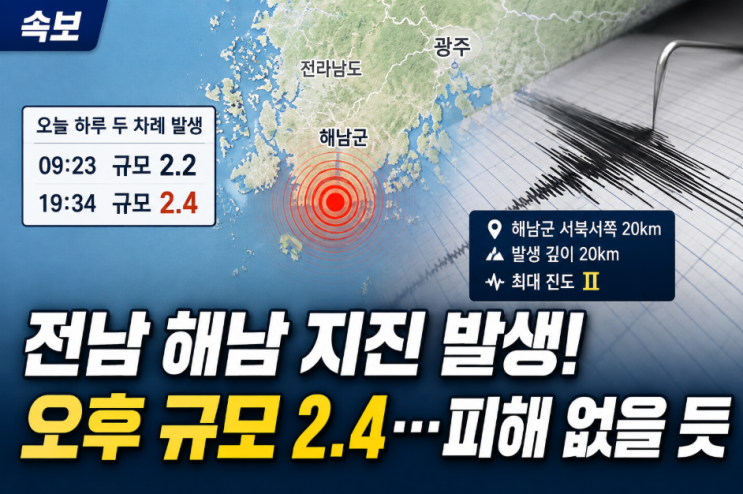 전남 <b>해남</b> 하루 두 차례 <b>지진</b>…오후 규모 2.4 발생, 피해 가능성은?
