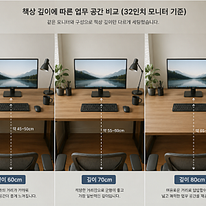32인치 모니터 책상 크기｜깊이 60·70·80cm 비교