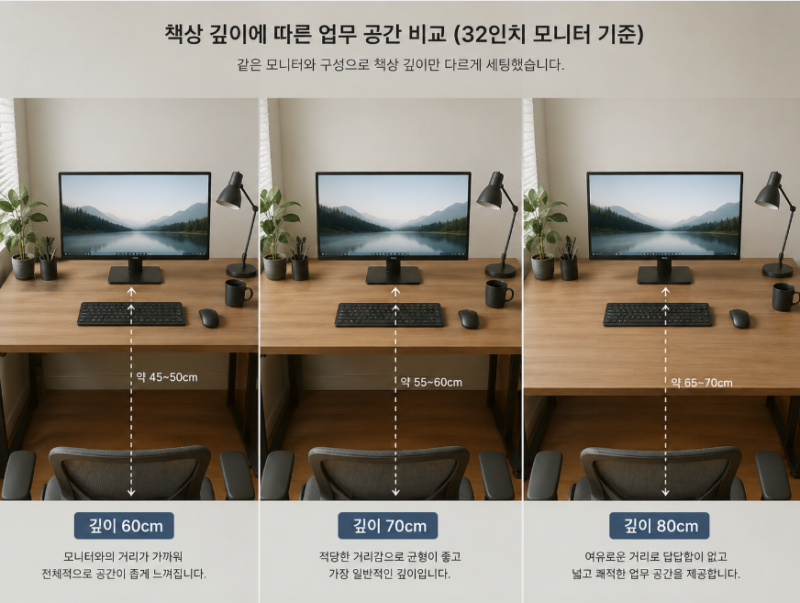 32인치 모니터 책상 크기｜깊이 60·70·80cm 비교
