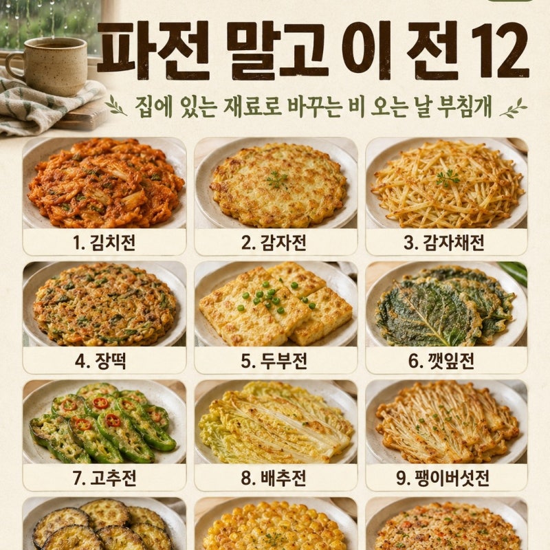 파전 말고 이 전 12가지 — 집에 있는 재료로 바꾸는 비 오는 날 부침개