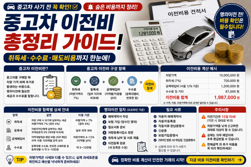 중고차 이전비 얼마 나올까?｜취득세·공채·수수료까지 이전등록 비용 총정리