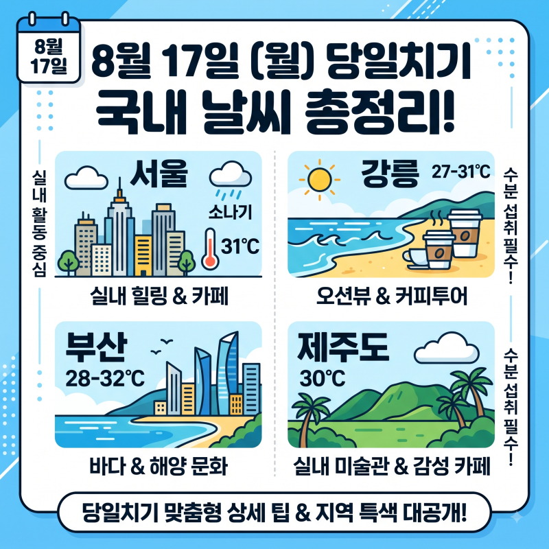 8월 17일 월요일 전국 날씨 총정리: 서울·강릉·부산·제주 당일치기 여행 코스 및 필수 팁