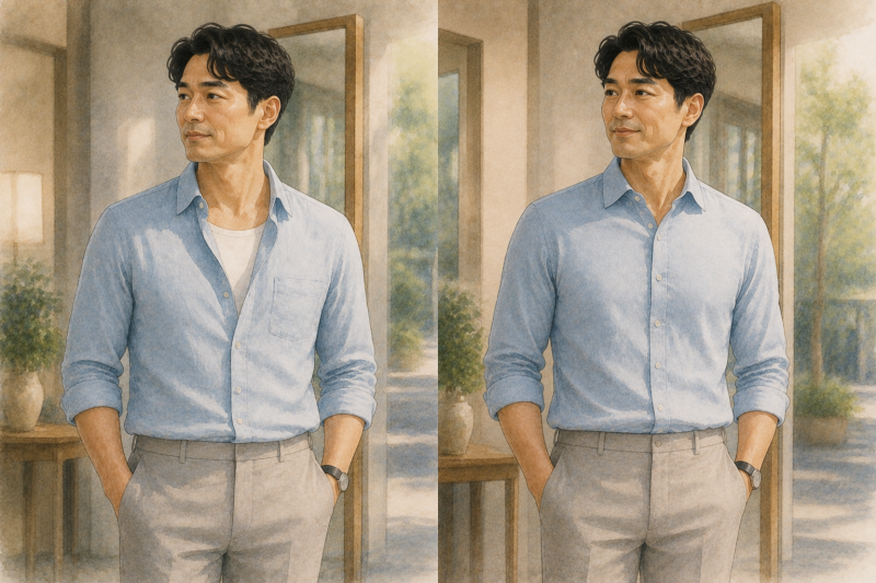 40대 남자 여름 코디, 셔츠 안에 흰 티가 보이면 왜 갑자기 답답해 보일까요?
