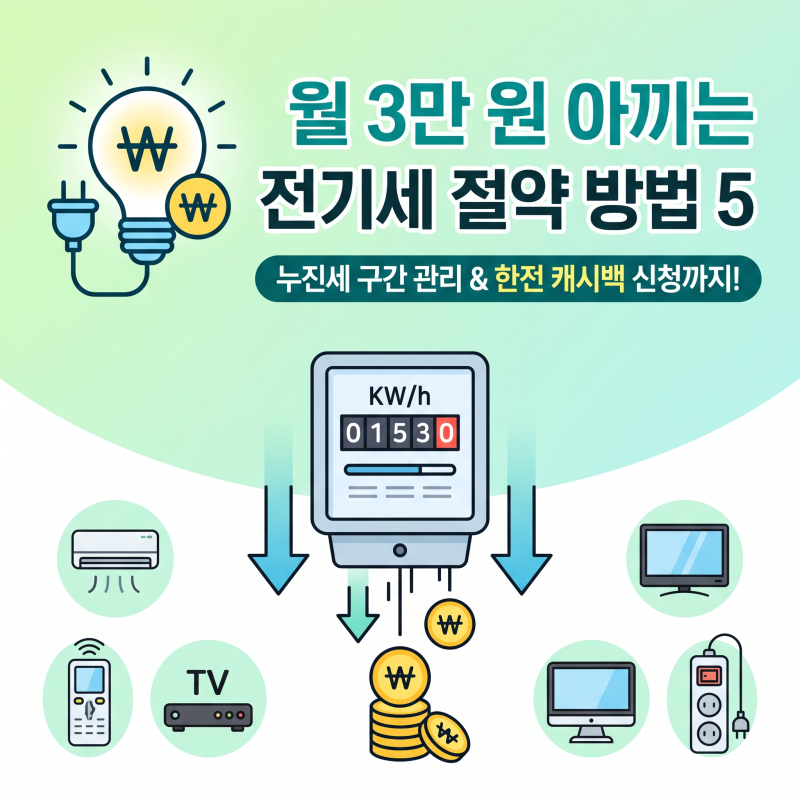 월 3만 원 아끼는 전기세 절약 방법 5가지 총정리 (가전제품별 절전 팁 & 한전 에너지캐시백)