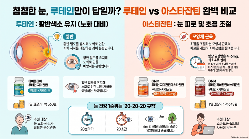 GNM 아스타잔틴 vs 아이클리어 — 눈 피로엔 루테인만으론 부족합니다