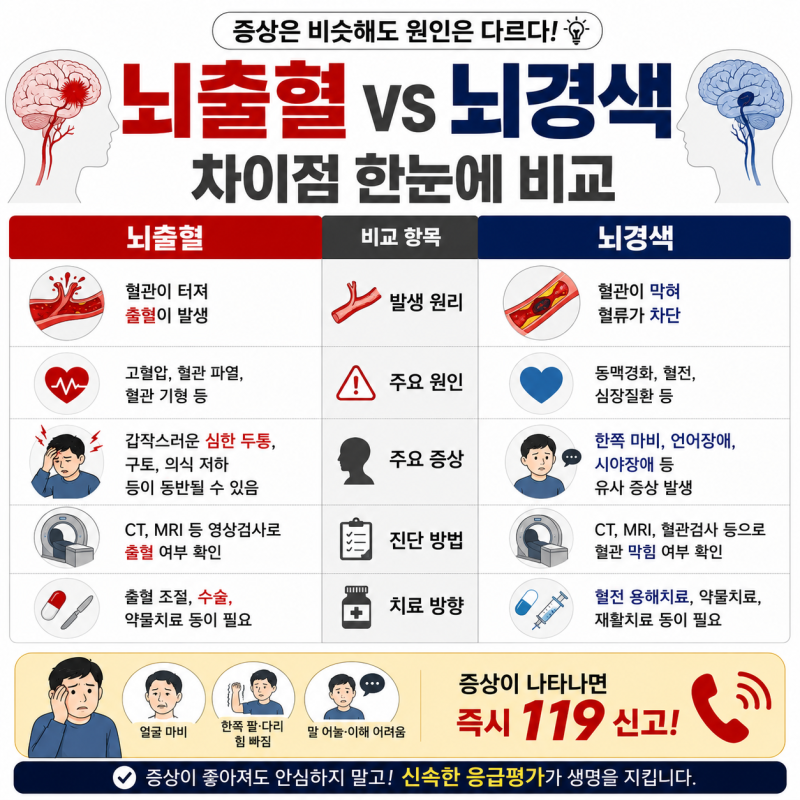 뇌출혈 뇌경색 차이｜증상부터 원인까지 쉽게 비교