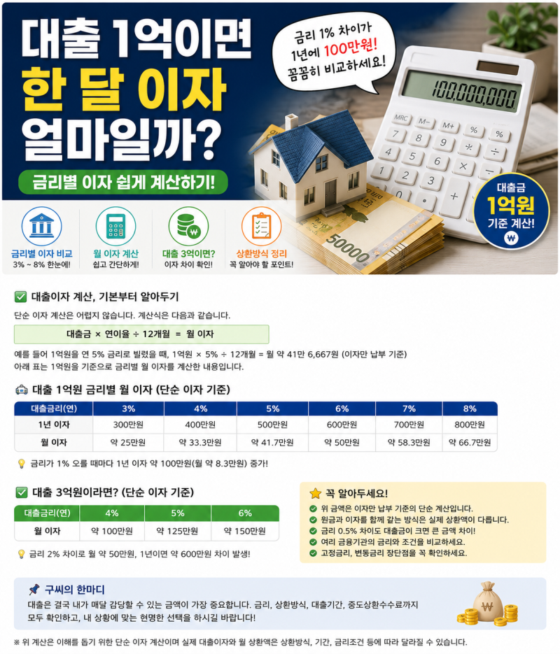 대출 1억이면 한 달 이자 얼마일까? 금리별 이자 쉽게 계산하기