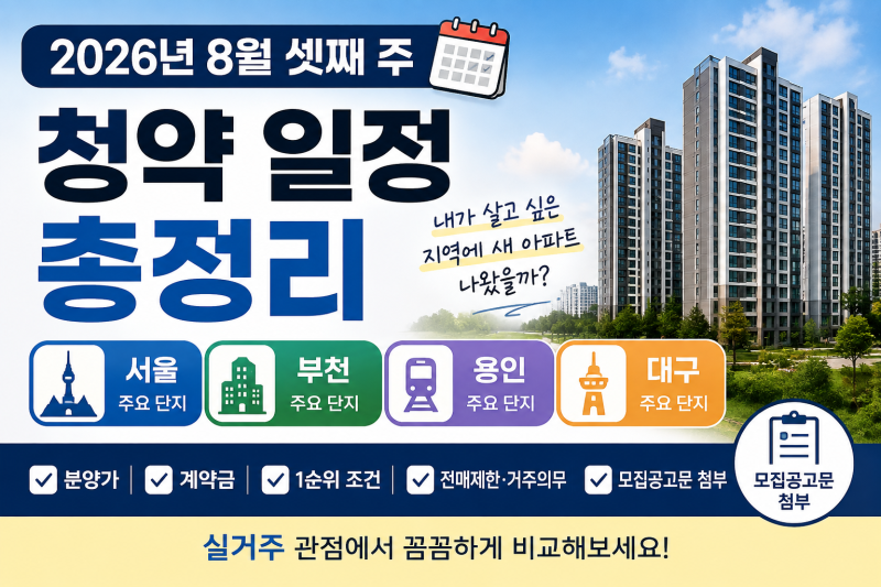 2026년 8월 셋째 주 청약 일정 총정리｜서울·경기 주요 분양단지 분양가·계약금·1순위 조건....