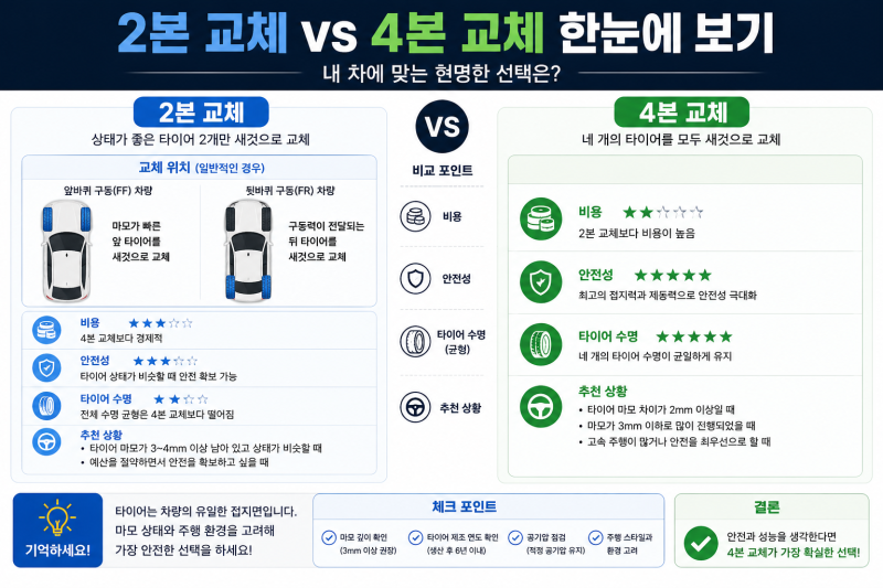 타이어 2개만 교체해도 될까? 2본 교체 vs 4본 교체, 제대로 알아보기