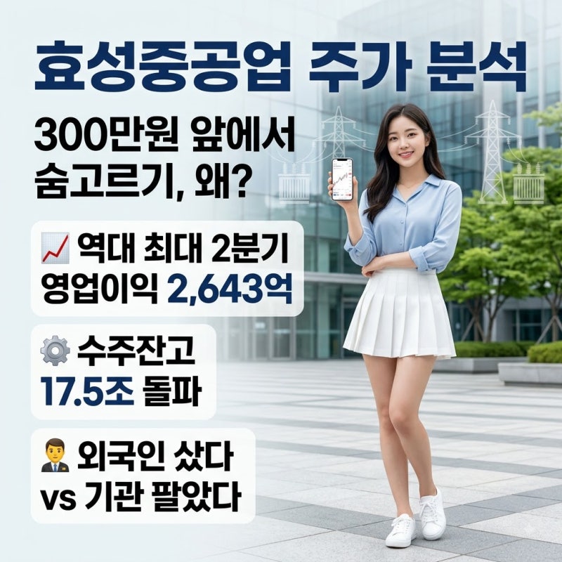 효성중공업 주가 분석, 300만원 앞에서 왜 다시 밀렸나? 기관 매도 속 외국인은 샀다…주가변....