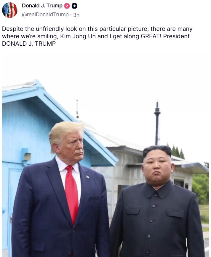 "우리 사이 좋다" <b>트럼프</b>, <b>김정은</b>과 함께 찍은 <b>사진</b> 게시 — 국내외 ....