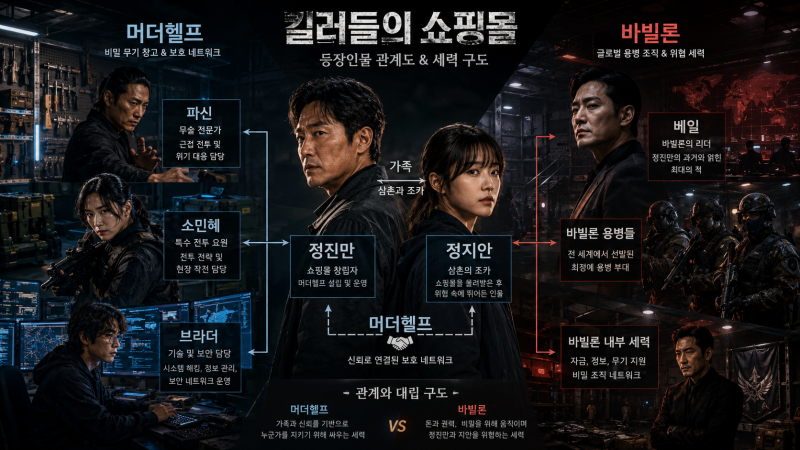 킬러들의 쇼핑몰 등장인물 관계도, 머더헬프와 바빌론까지 정리해 드립니다
