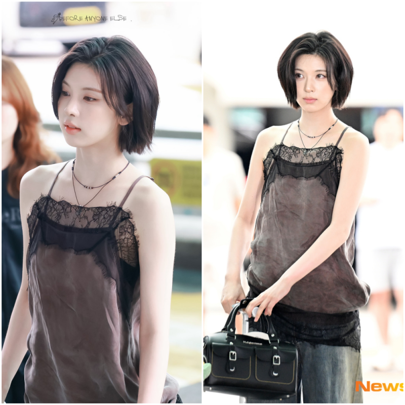 단발이 찰떡인 엔믹스 배이, 공항패션은 란제리룩으로 시크하게