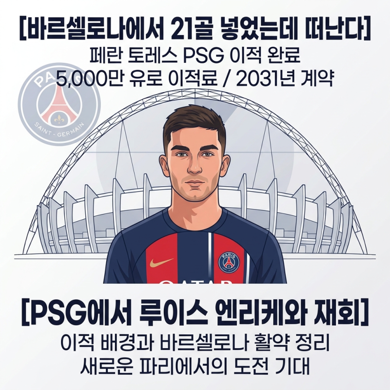 바르셀로나에서 21골 넣었는데 떠난다… 페란 토레스 PSG 이적 완료
