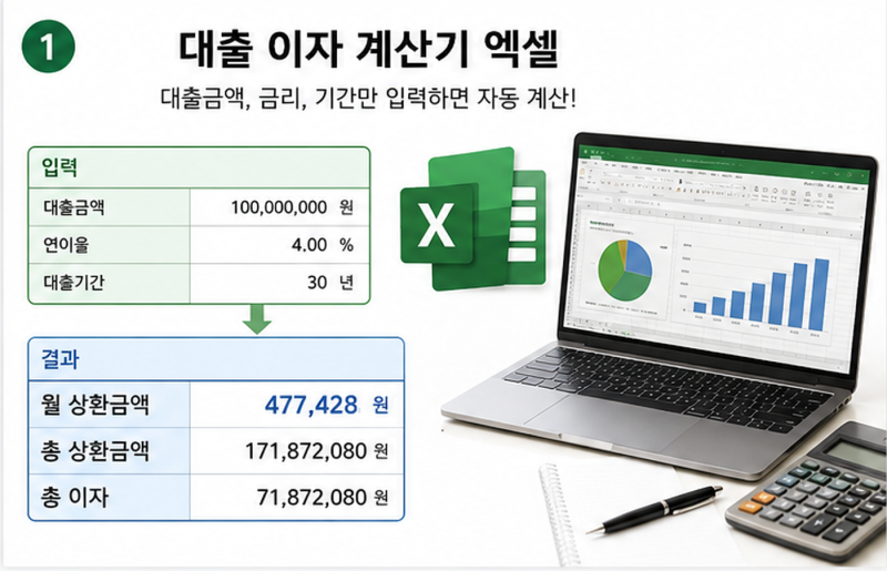 대출 이자 계산기 엑셀, 원리금균등 상환표까지 자동 계산