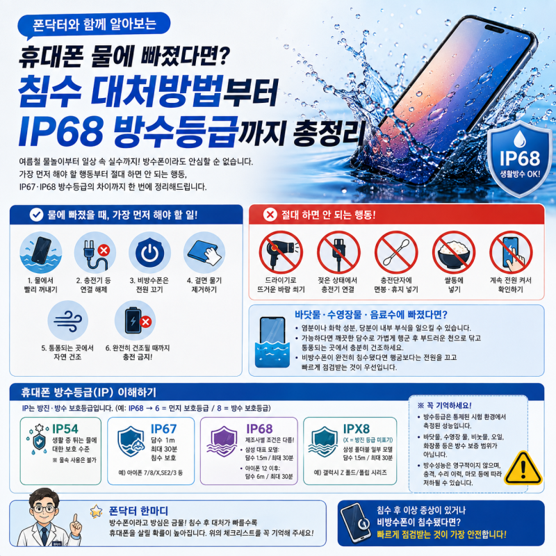 휴대폰 물에 빠졌다면? 침수 대처방법부터 IP68 방수등급까지 총정리
