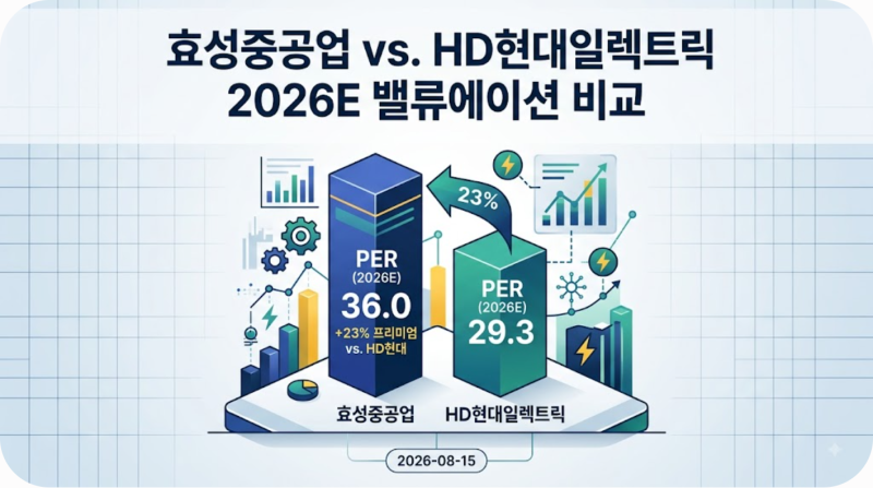 효성중공업 | 현재 36.0배(2026E)는 HD현대일렉트릭 29.3배 대비 23% 프리미엄이다. | 2026-08-15
