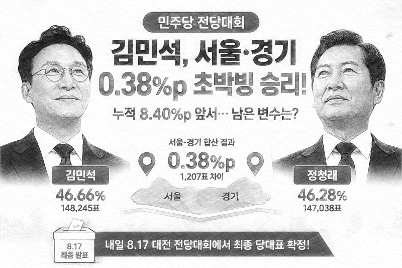 김민석 정청래 서울 경기 개표 결과 득표율 누적 8.40%p 격차 총정리
