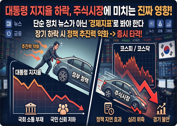 이재명 대통령 지지율 추세적 하락, 주식시장 변동성 높아지나