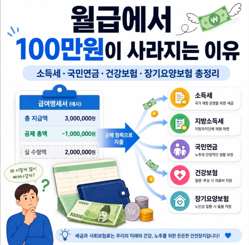 월급에서 100만원이 사라지는 이유｜소득세·국민연금·건강보험·장기요양보험 총정리