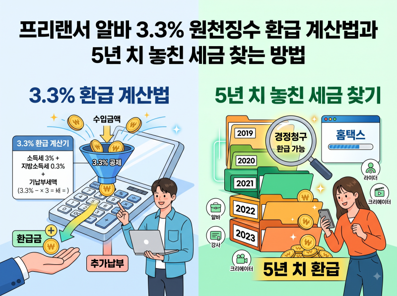 프리랜서 알바 3.3% 원천징수 환급 계산법과 5년 치 놓친 세금 찾는 방법