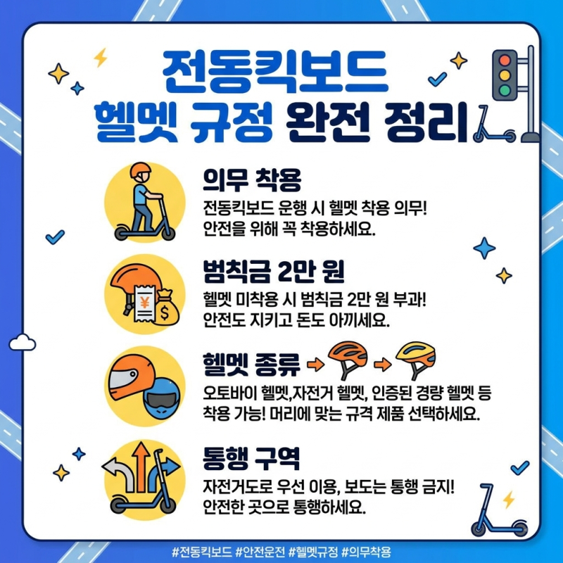 전동킥보드 헬멧 규정 완전 정리 — 의무 착용·범칙금 2만 원·헬멧 종류·통행 구역 2026