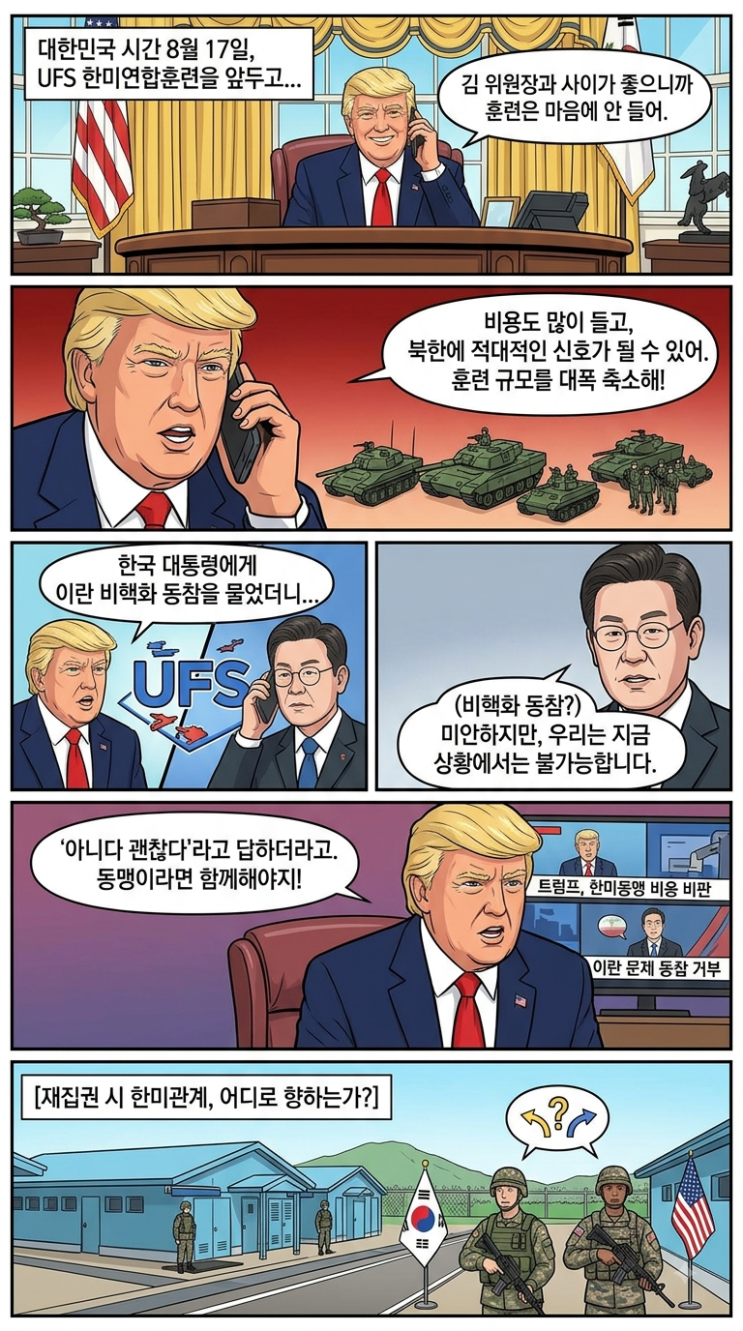 <b>트럼프</b> 폭탄 발언: 한미<b>연합훈련 축소</b> 지시와 이재명 대통령 이란 ....