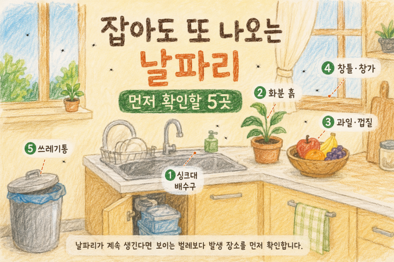 집에 날파리 계속 생기는 이유, 잡아도 나온다면 5곳 확인
