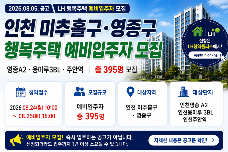 2026 인천 LH 행복주택 395명 모집｜미추홀구·영종구 신청자격·접수기간 총정리