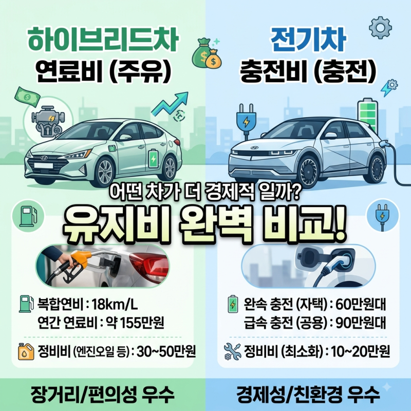 하이브리드차 vs 전기차 유지비 비교 | 연료비·정비비·세금 총정리