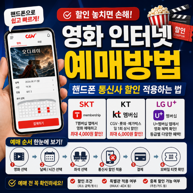 영화 인터넷 예매방법｜핸드폰 통신사 할인 SKT·KT·LG U+ 적용하는 법