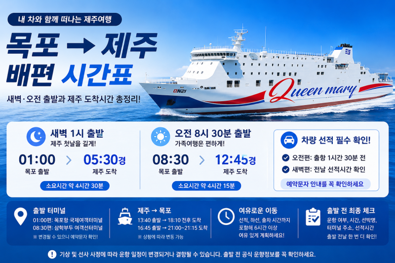 목포 제주도 배편 시간표 총정리, 차량선적부터 제주 도착시간까지