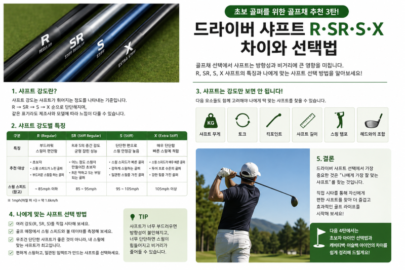 초보 골퍼를 위한 골프채 추천 3탄! 드라이버 샤프트 R·SR·S·X 차이와 선택법