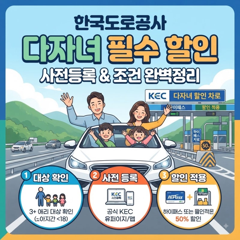 한국도로공사 다자녀 사전 등록 필수 통행료 할인 신청 방법 및 조건 총정리