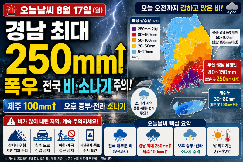 오늘날씨 8월 17일｜경남 최대 250㎜ 이상 폭우, 제주 100㎜ 이상·전국 비와 소나기 주의