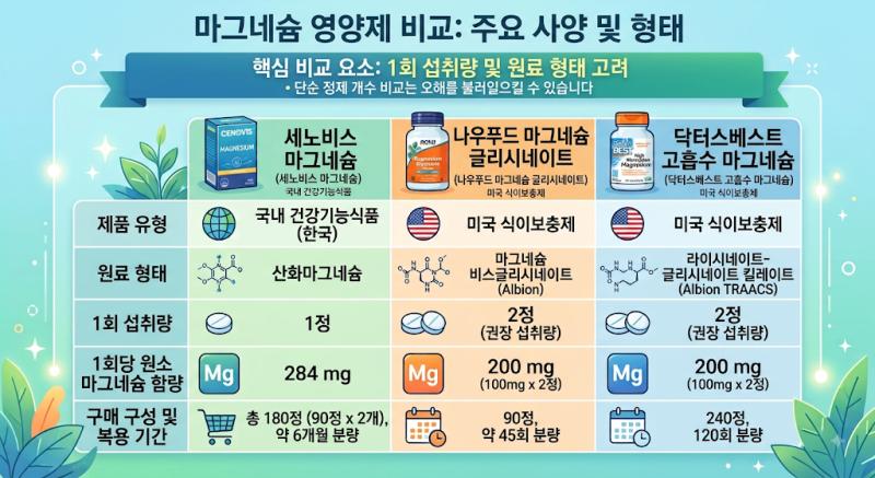 마그네슘 비교 세노비스 나우푸드 닥터스베스트 함량 흡수율 차이