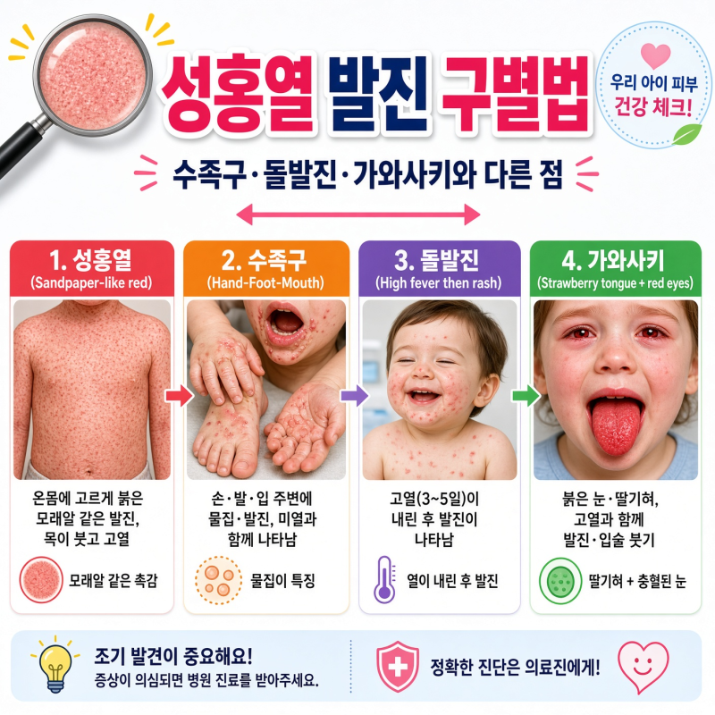 성홍열 발진 구별법 — 수족구·돌발진·가와사키와 다른 점