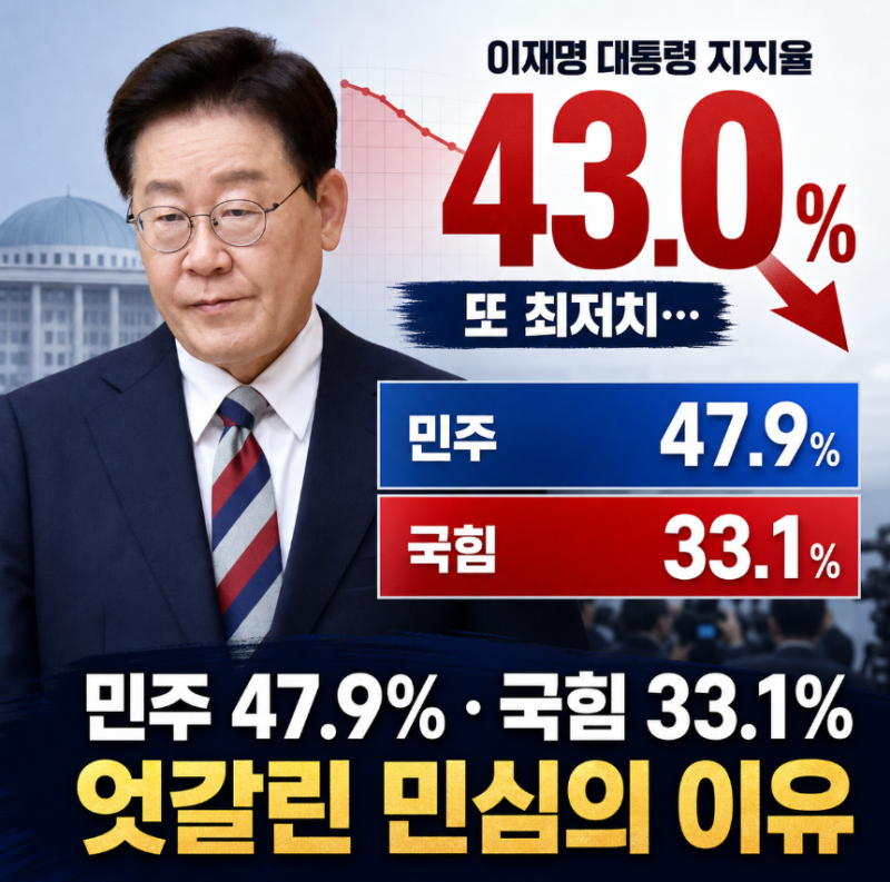 이재명 대통령 지지율 43.0% 또 최저치…민주 47.9%·국힘 33.1%, 엇갈린 민심의 이유