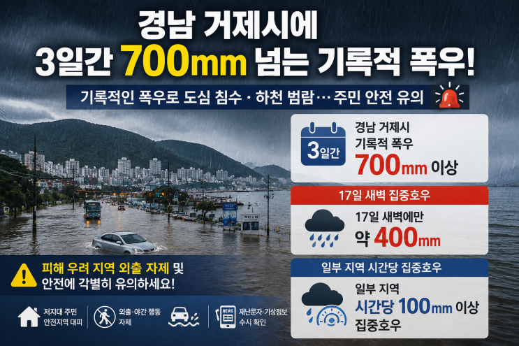 경남 <b>거제</b> 600 <b>폭우</b>…도심 <b>침수</b>·하천 범람, 주민 70명 긴급 대피