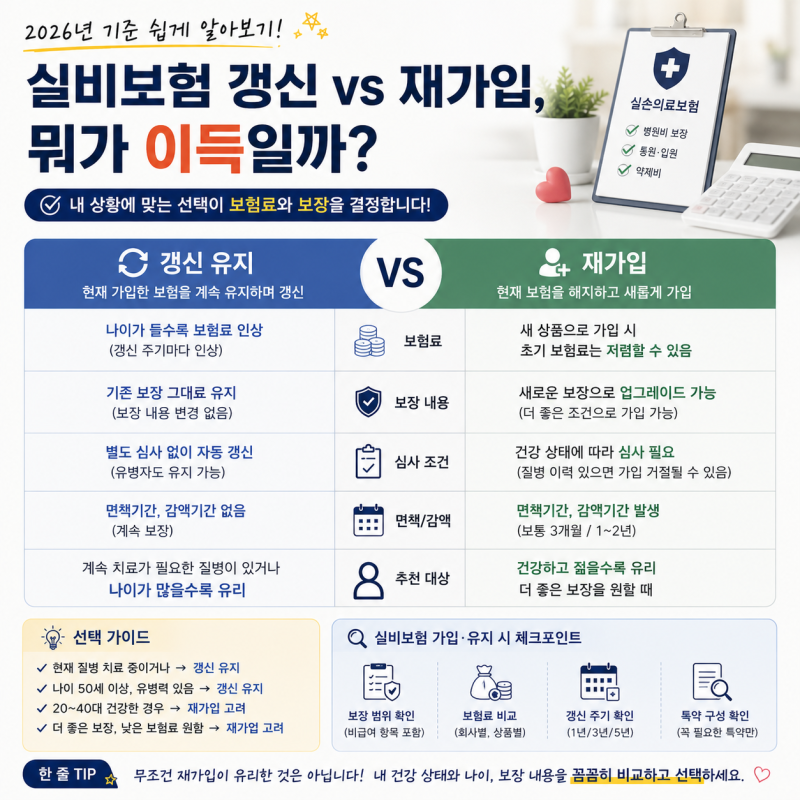 실비보험 갱신 vs 재가입, 뭐가 이득일까? 2026년 기준 쉽게 알아보기