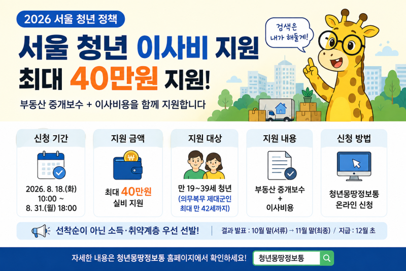 2026 서울 청년 이사비 지원 8월18일 신청｜중개보수 포함 최대 40만원 조건·서류