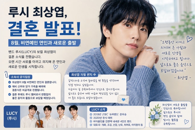 루시 최상엽 결혼 발표, 8월 비연예인 연인과 새로운 출발…팬들에게 직접 전한 진심