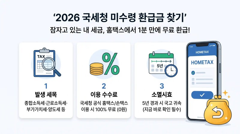 2026 국세 환급금 조회 방법: 국세청 홈택스·손택스 미수령 환급금 1분 신청 가이드 (수수료 0....
