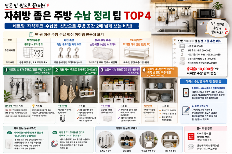 단돈 만 원으로 끝내는 자취방 좁은 주방 수납 정리 팁 TOP 4 (네트망·자석후크·수납함 공간 ....