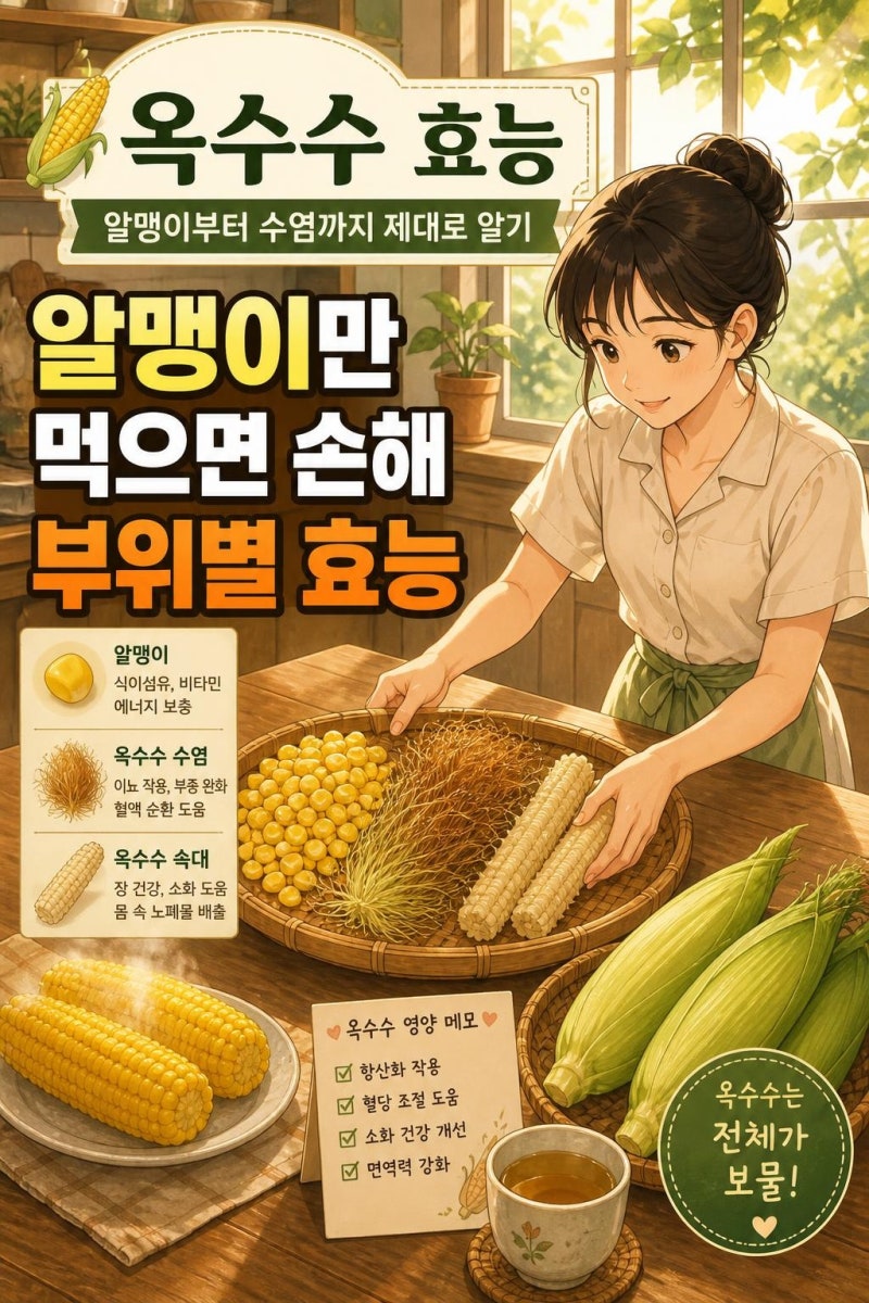 옥수수 효능 제대로 보는 법｜알맹이·초당옥수수·수염·속대 차이와 섭취 주의사항
