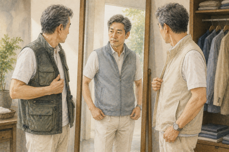 50대 남자 여름 코디, 배를 가리려고 조끼를 입었는데 오히려 더 답답해 보이는 이유