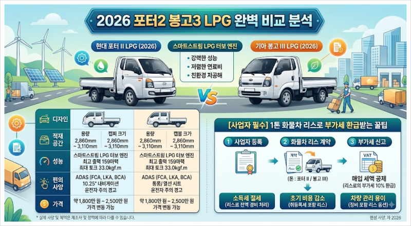 2026 포터2 봉고3 LPG 완벽 비교 분석! 1톤 화물차 리스로 부가세 환급받는 꿀팁