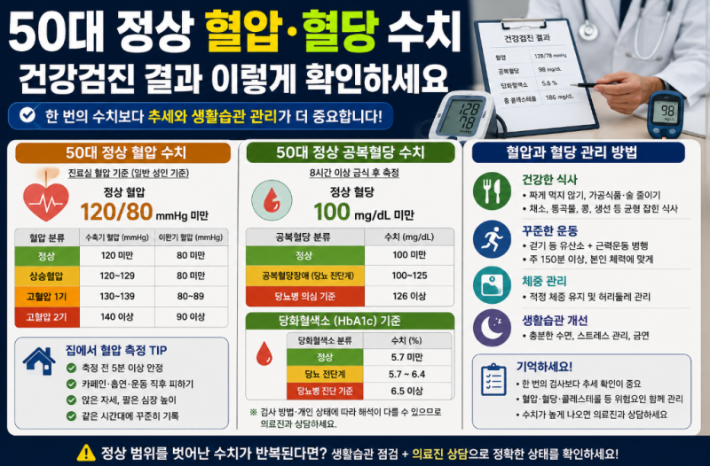 50대 정상 혈압·공복혈당 수치는? 건강검진 기준 총정리